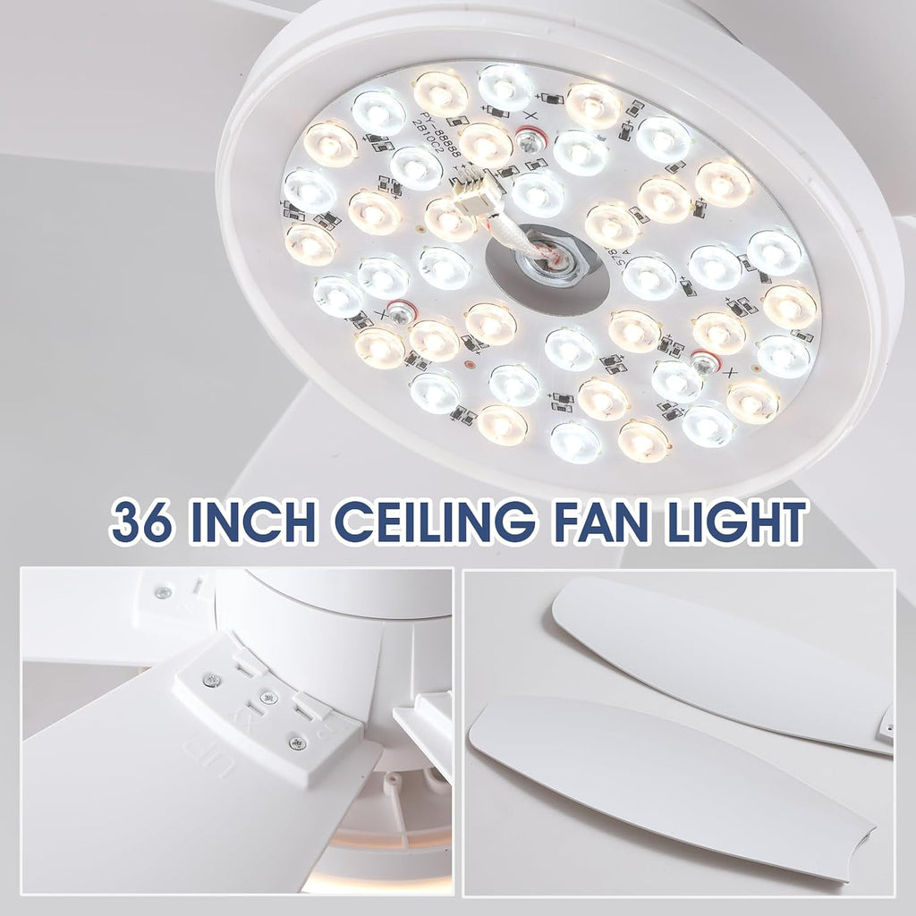 Ceiling Fans with Lights-36 Low Profile Ceiling Fan with Light and Remote/APP Control,Flush Mount,DC Reversible,LED Dimmable Modern Ceiling Fans for Bedroom,Indoor/Outdoor Patio Use(White)