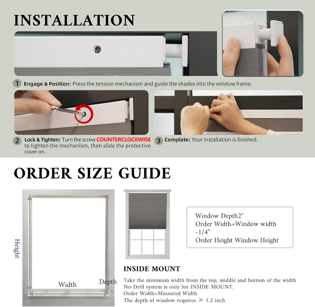 No Drill Cordless Cellular Shades, Blackout, Grey, 20x48
