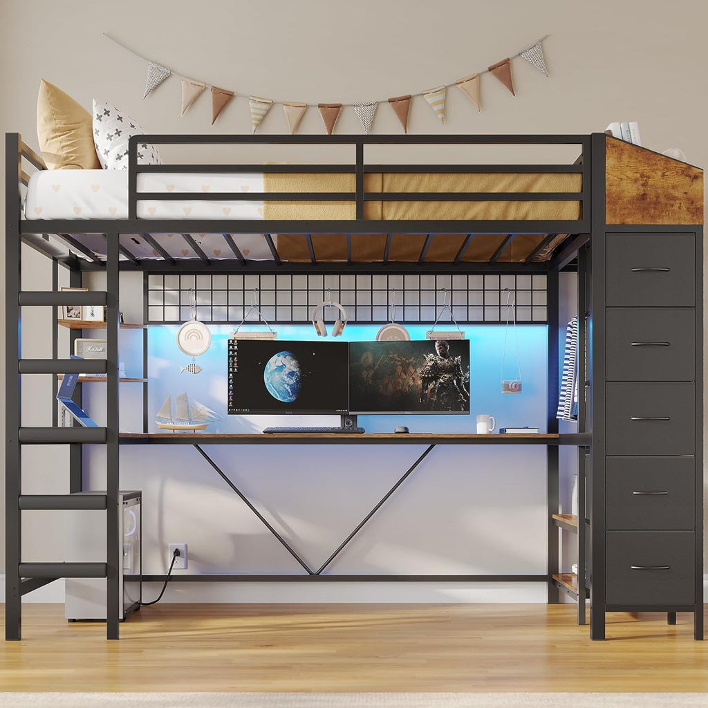 Loft Bed Twin with Hall Tree, Charging Station and LED Lights, Metal Loft Bed with L-Shaped Desk, 5 Storage Drawers