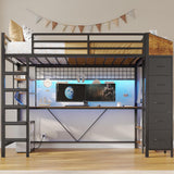 Loft Bed Twin with Hall Tree, Charging Station and LED Lights, Metal Loft Bed with L-Shaped Desk, 5 Storage Drawers