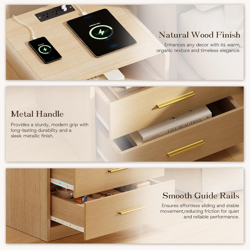 20" Wide Modern Nightstand with Charging Station,2 Drawer End Table with Pull-Out Shelf,Curved Profile Design,Wood