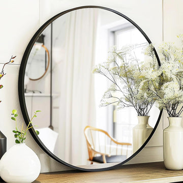 Black Round Mirror, Round Mirror 24 inch, Black Circle Mirrors Matte Metal Frame, Wall Mounted Mirrors , Wall, Entryway.