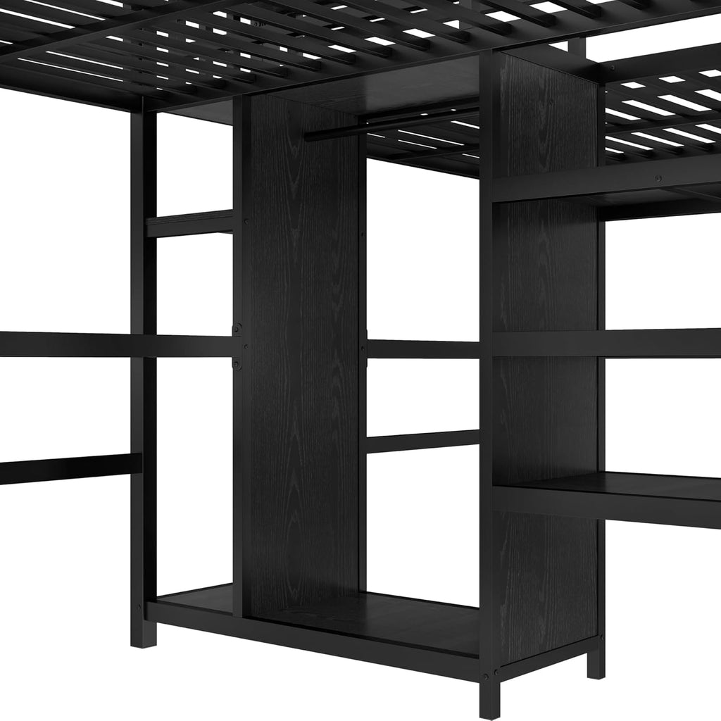 Twin Over Twin Metal Loft Bed with Desk and Wardrobe for 2 Kids,Twin Heavy Duty Double Loft Bed Frame with Charging