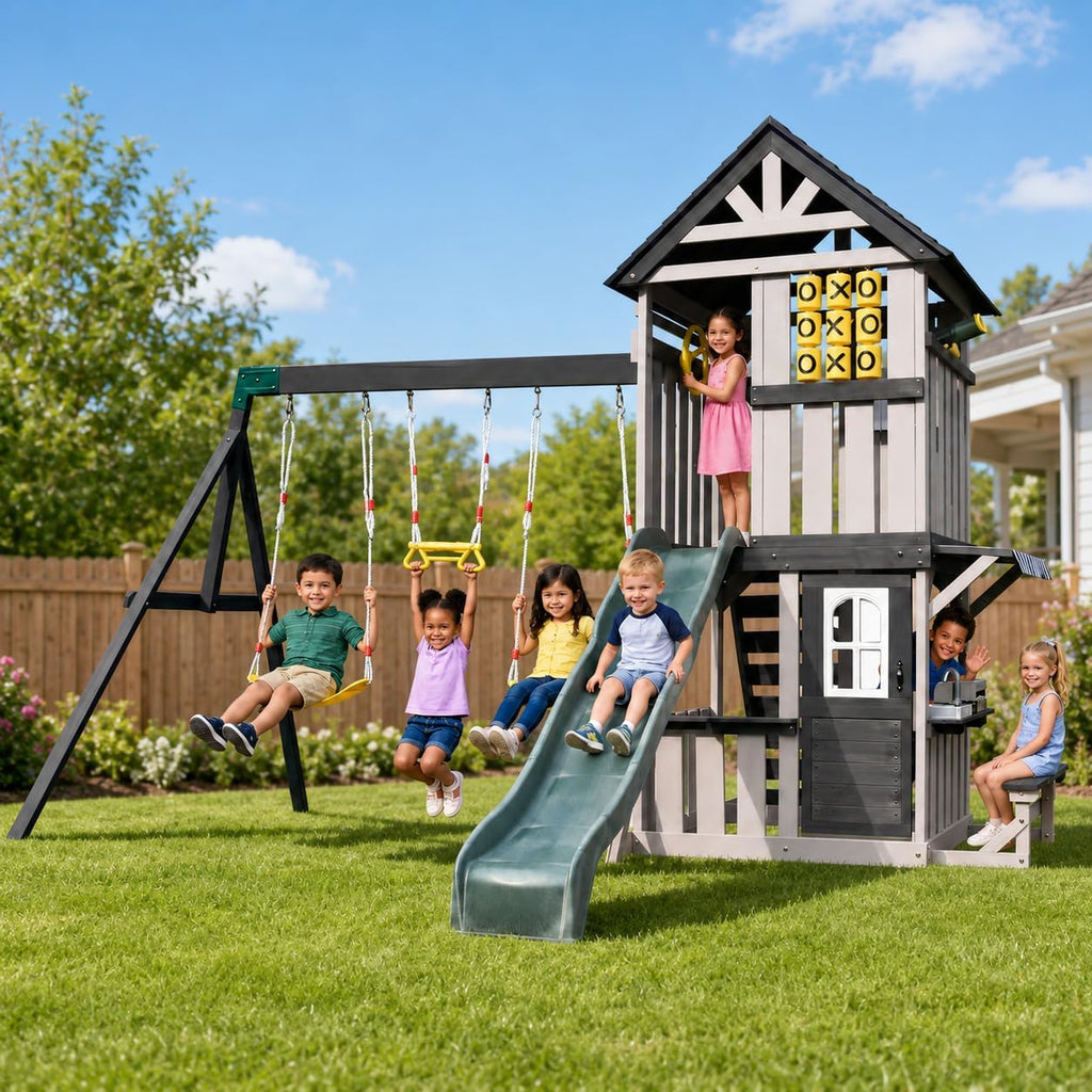 Cedar Wood Swing Set with Slide,Rock Wall,Belt Swings,Tic-Tac-Toe, Play Kitchen for Kids Backyard Outdoor