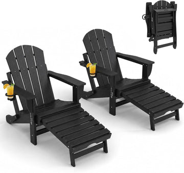 Folding Adirondack Chair Set of 2 with Retractable Ottoman Black | Outdoor HDPE Fire Pit Chair, Cup Holder, Large