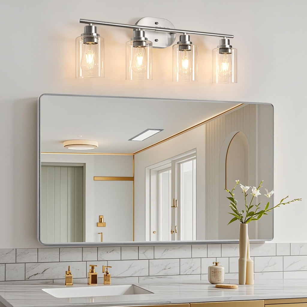 4-Light Bathroom Light Fixtures, Modern Vanity Lights with Clear Glass Shade, Brushed Nickel Wall Lamp Mirror Hallway