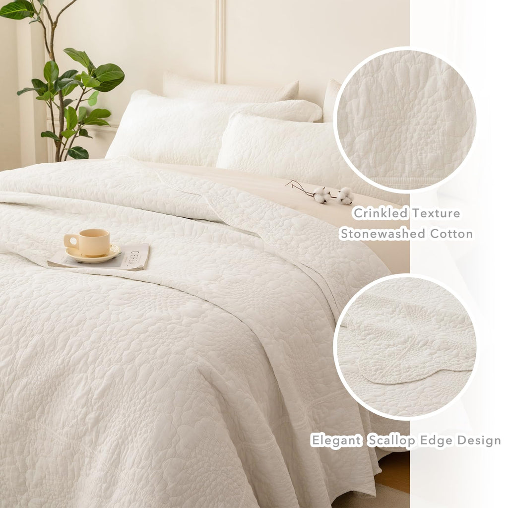 Milk White Stonewashed Cotton (128"x120"), 3PCs Farmhouse Rustic Wave Pattern Quilt California King, Soft Lightweight