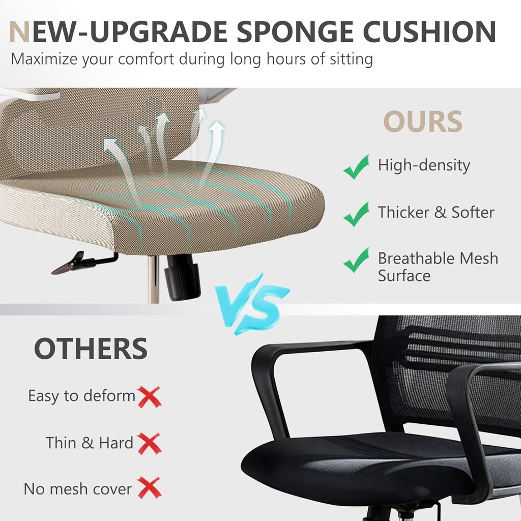 Ergonomic with Lumbar Support, High Back Mesh Desk Chair with Flip-Up Arms, Adjustable Computer Task Chair, Khaki