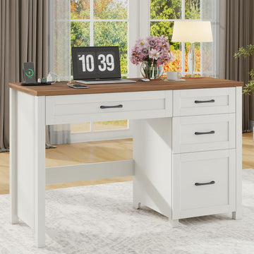 47" Farmhouse Executive Desk, Home Office Desk with File Drawers and Storage Cabinet, Computer Desk with Power Outlet