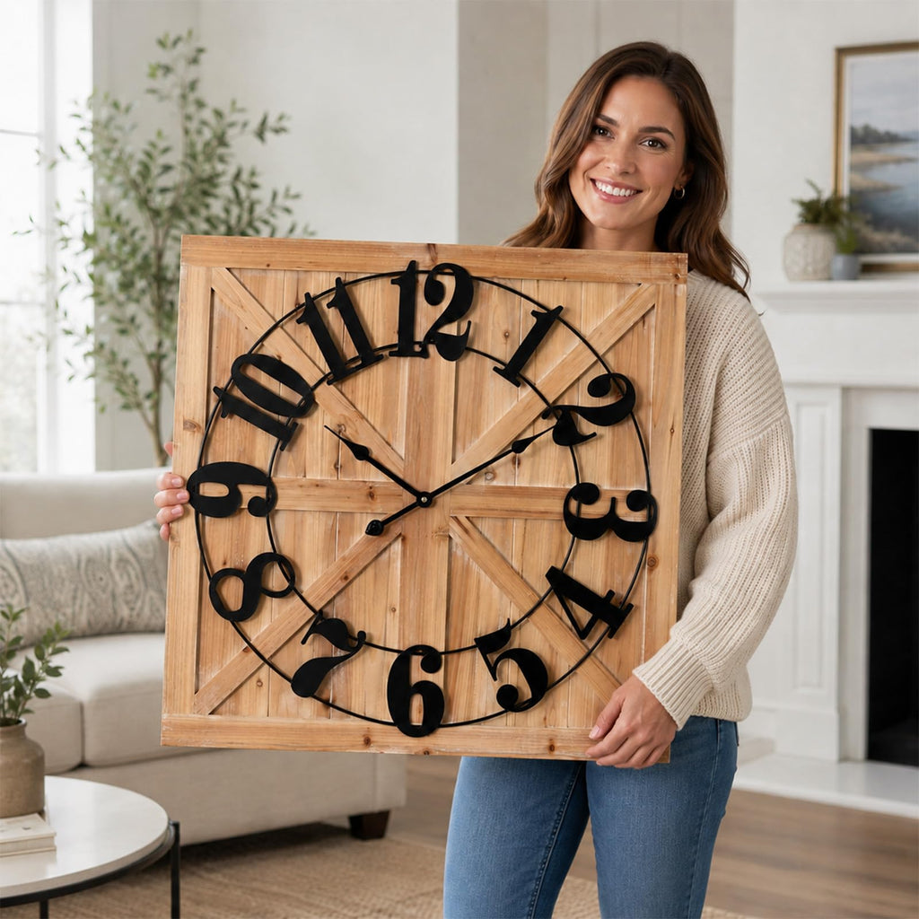 Wooden Farmhouse Wall Clock 30 Inch, Rustic Barn Door Clock