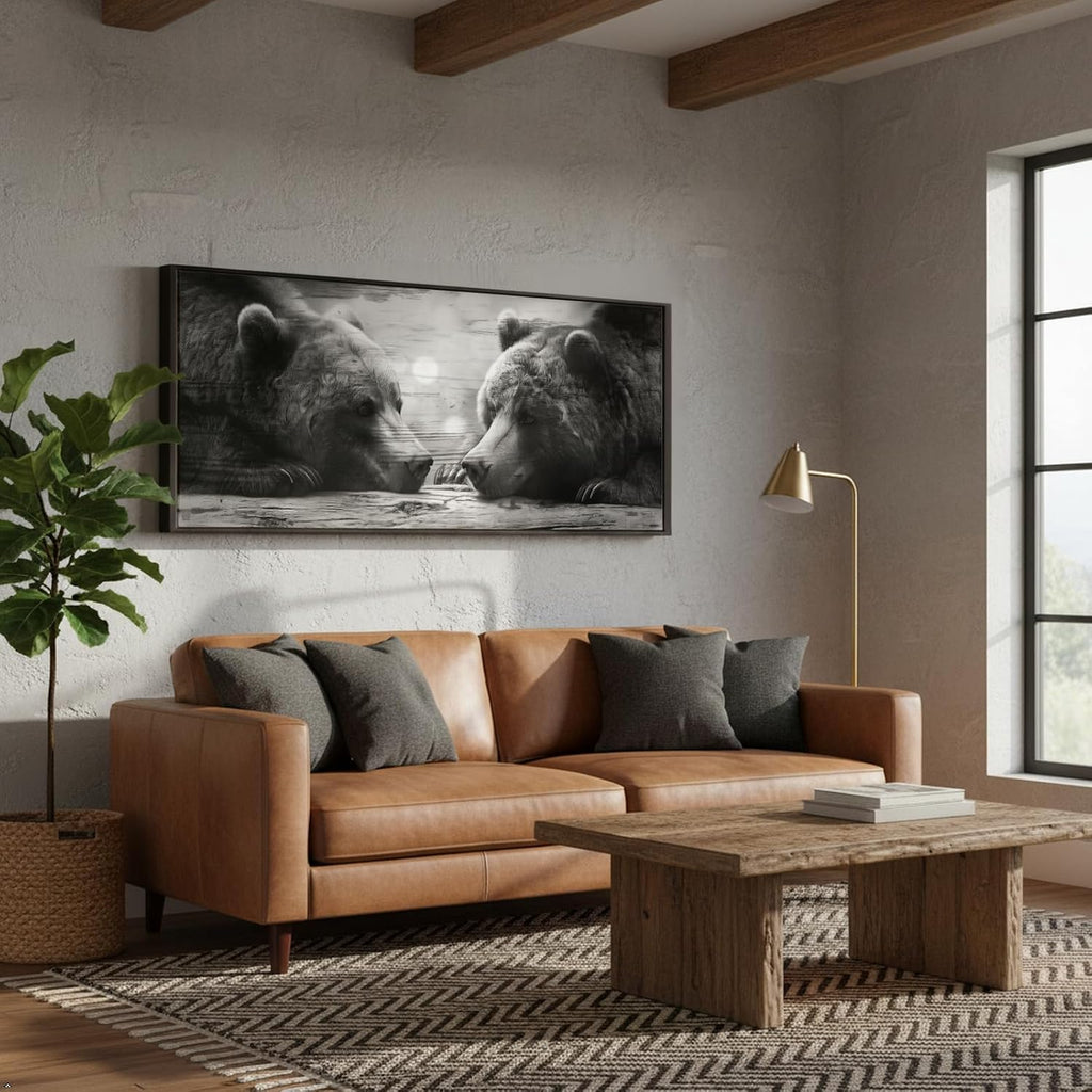 Black and White Grizzly Bears Canvas Wall Art 20x48'' Black Floater Frame Wildlife Prints Stretched Canvas Ready to