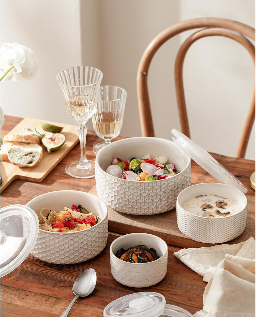 Serving Bowls with Lids, Ceramic Embossed Nesting Mixing Bowls, Set of 4, Serving Bowls Set for Food Storage