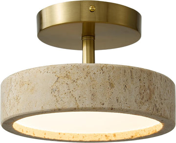 Wabi Sabi 8-inch Yellow Travertine Ceiling Light Fixture - Japanese Semi Flush Mount light with Brushde Gold Metal
