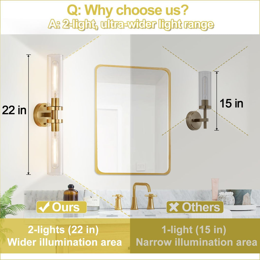 Wall Sconces Set of Two, Hardwired Brushed Gold Bathroom Sconces Wall Lighting with Clear Glass, Modern Sconces Wall