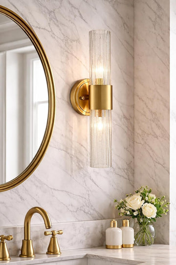 Modern Gold Wall Sconce with Crackle Reeded Glass Shade | Gold 2-Light Wall Light, E12 Indoor Wall Lighting for Bedroom Bathroom Hallway Vanity, 16" in height