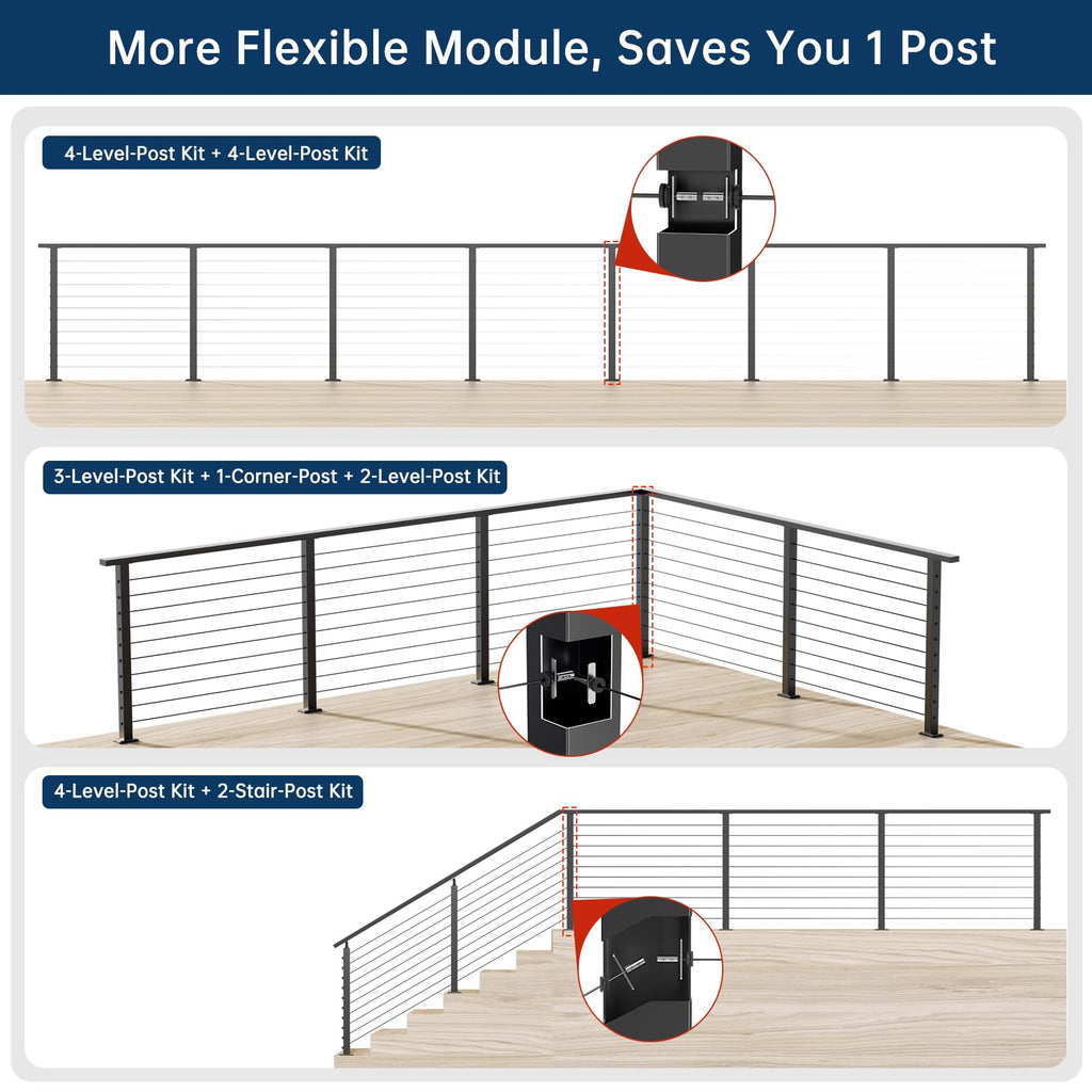 Swageless 4-12FT Black Stair Cable Railing Kit Surface Mount 36"