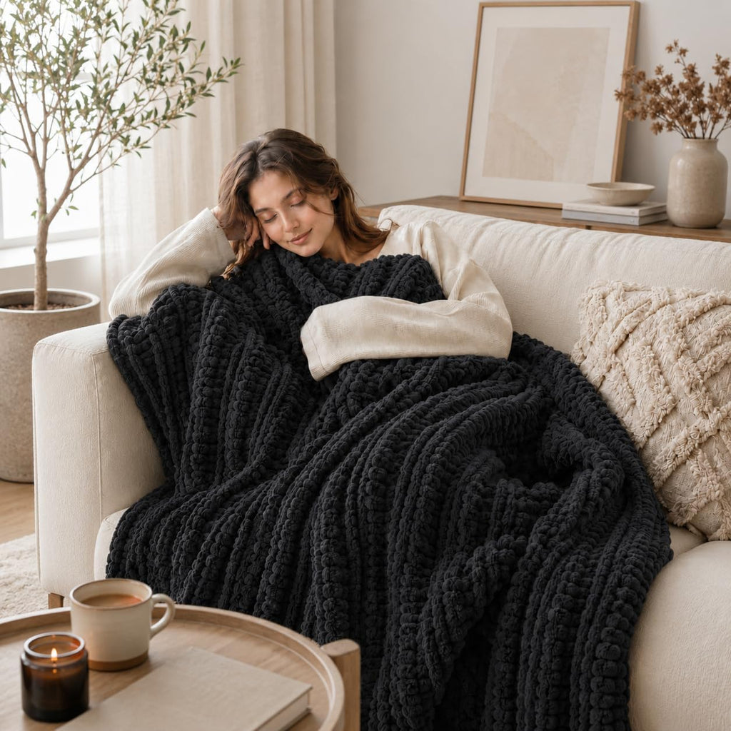 Chunky Knit Throw Blanket, Hand Made Chenille Throw Blanket, Super Soft Warm Cozy Charcoal Blanket, 50"x60"