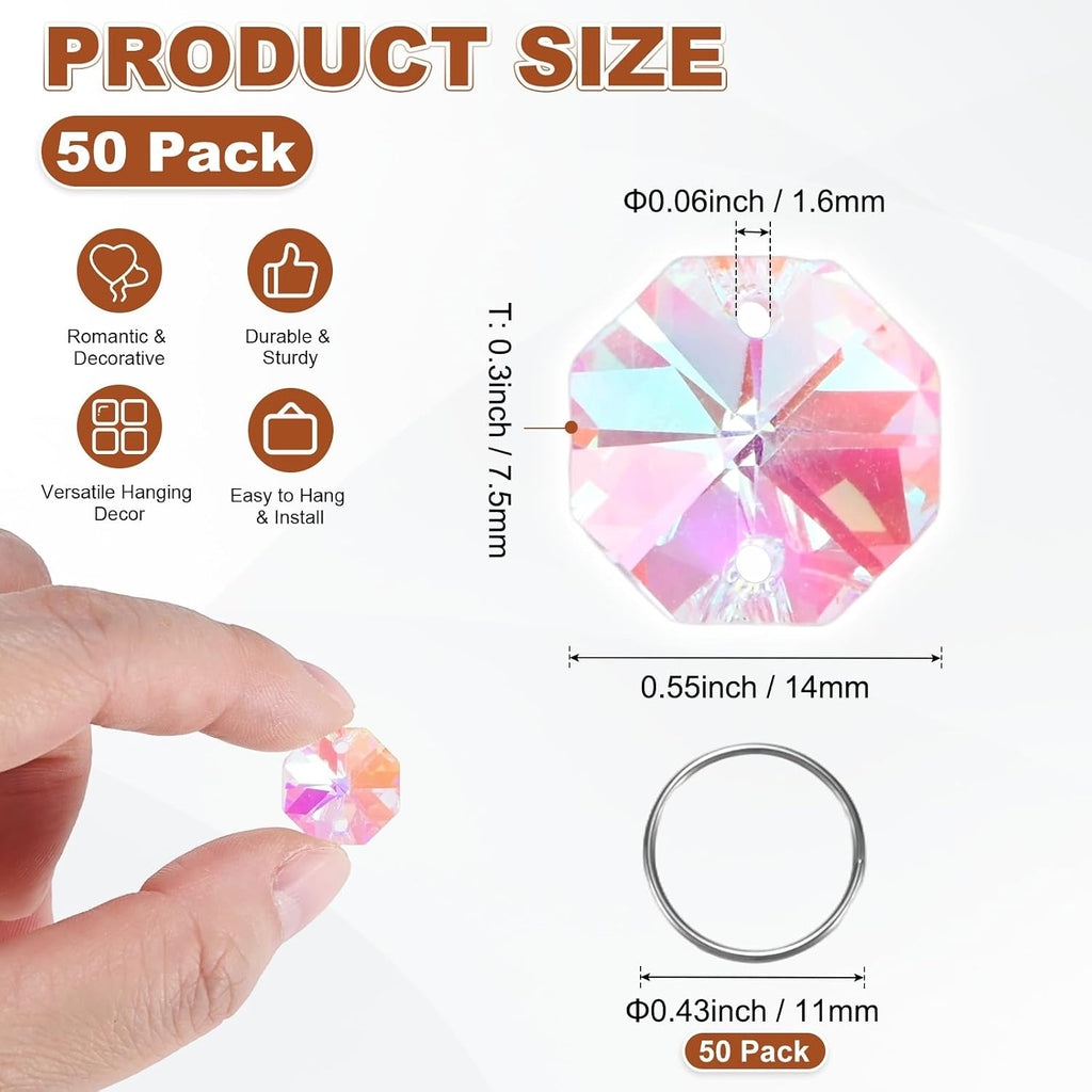 50-Pack Crystal 2 Hole Octagon Prisms, 14mm/0.55 Inch Chandelier Pendant Maker Hanging Crystals Chandelier Prisms for