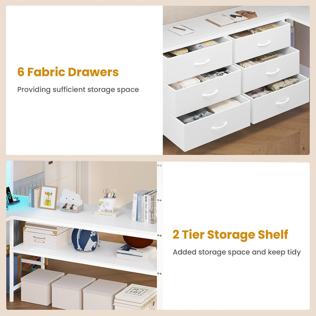 Loft Bed Full with U-Shaped Desk, 6 Storage Drawers, Power Outlet, LED Metal Loft Bed with 2 Storage Shelves