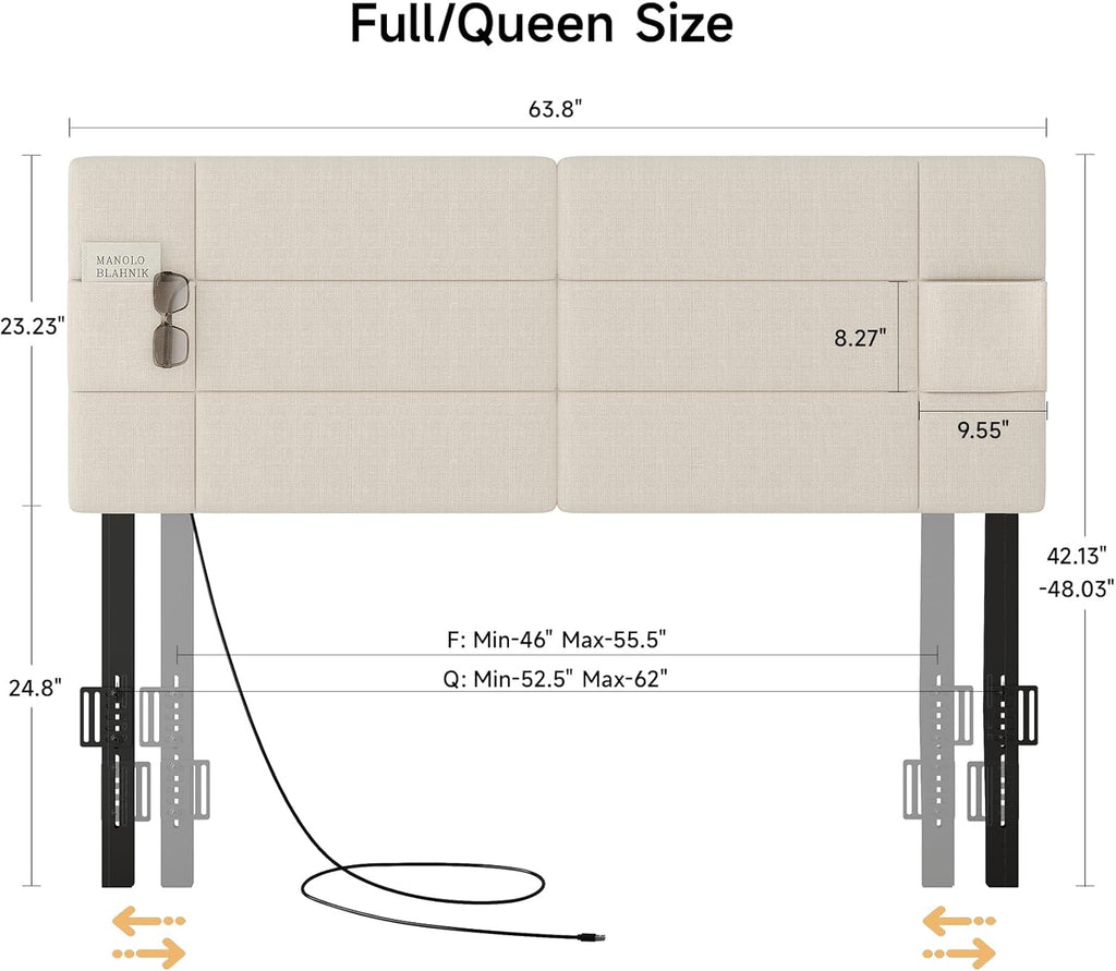Upholstered Headboard Full/Queen with USB & Type C Port, Headboard Only Adjustable Height from 42" to 48", 2 Storage