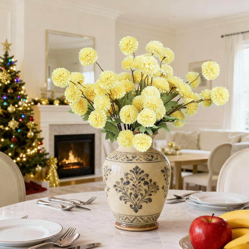 Artificial Mums Faux Stem Kiku Yellow Flowers for Vase 20" | 12 Bundles Fake Chrysanthemums for Fall Decor, Lifelike