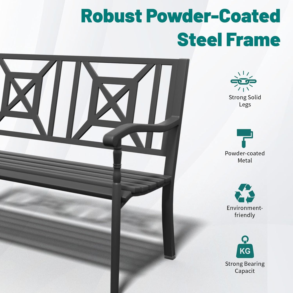Metal Bench Patio Bench, Outdoor Benches Weatherproof with Lattice Backrest, Wrought Iron Garden Benches for