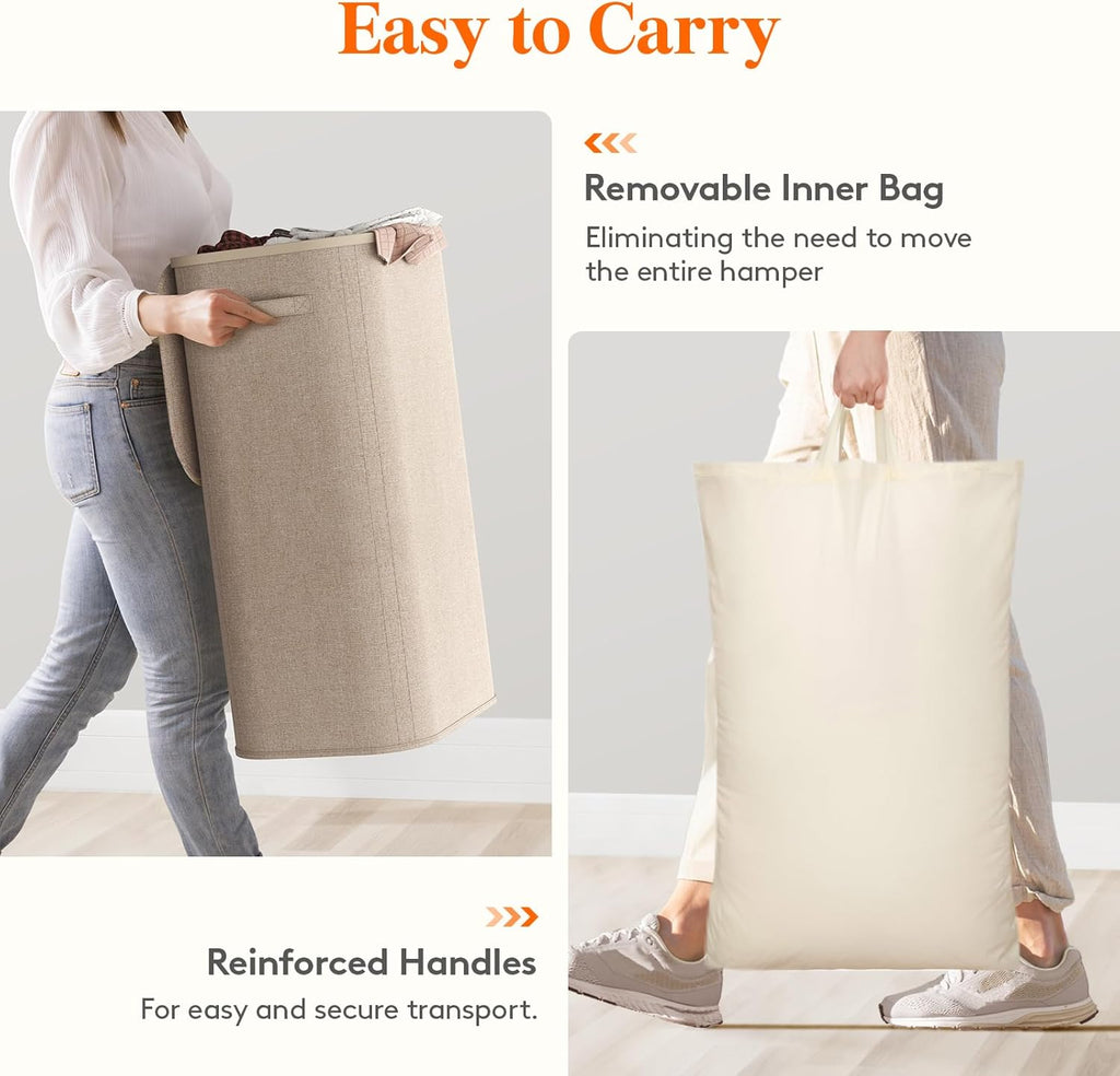 105L Large Laundry Basket with Lid, Laundry Hamper with Plastic Handles and Removable Bag, Foldable Tall Dirty