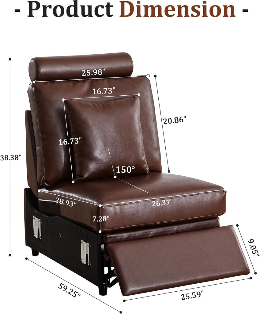 Modern Faux Leather Armless Power Recliner Sofa Seat for Modular Sectional Couch -Dark Brown