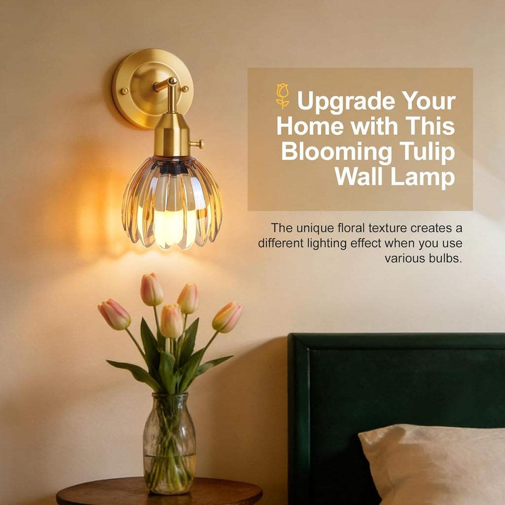 Vintage Gold Wall Sconces Set of 2 with Cute Amber Tulip Glass Lampshade, Hardwired and Wireless Wall Mounted Light