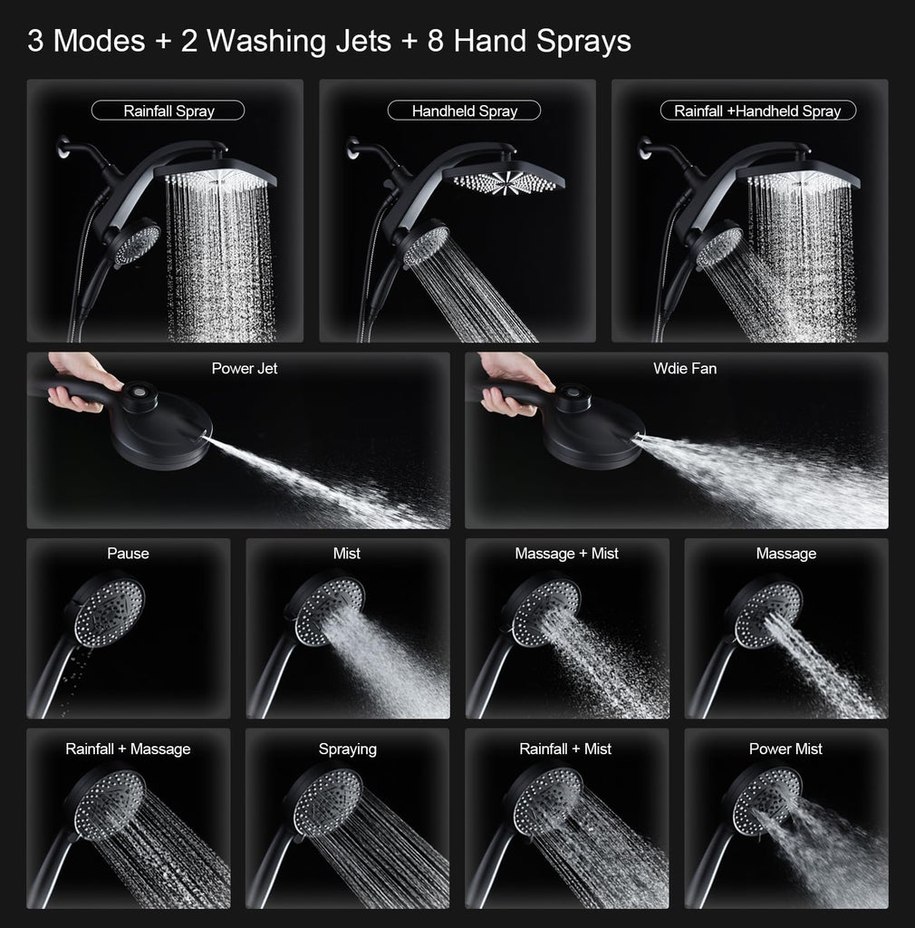 High Pressure Rain Shower Head: Upgrade Shower Heads with Handheld Spray Combo with Fixed Showerhead and 10 Sprays
