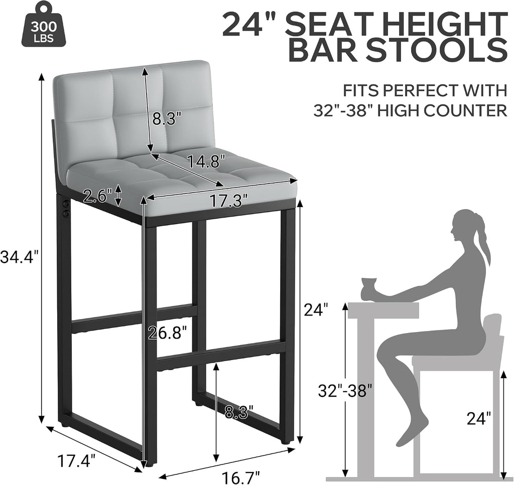 24" Bar Stools Set of 2, Modern Faux Leather Counter Height Bar Stools with Low Back and Footrest, Sturdy Thickened