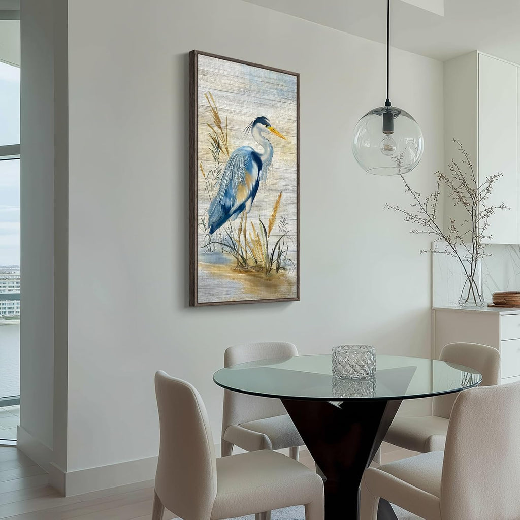 Framed Vertical Blue Heron Living Room Wall Art, Large Vintage Bird Picture Artwork for Walls, Coastal Heron