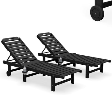 HDPE Outdoor Chaise Lounge Set of 2 with Cup Holder & Wheels, Black | Weather-resistant chaise lounge resists fading