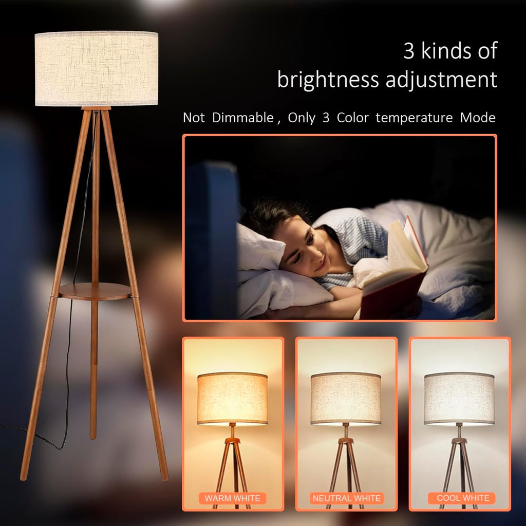 Wood Tripod Floor Lamp, Farmhouse Shelf Wooden Standing light Drum Shade, Footswitch,ETL Listed/Brown Wood Color