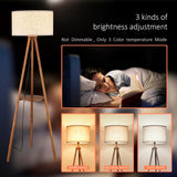 Wood Tripod Floor Lamp, Farmhouse Shelf Wooden Standing light Drum Shade, Footswitch,ETL Listed/Brown Wood Color