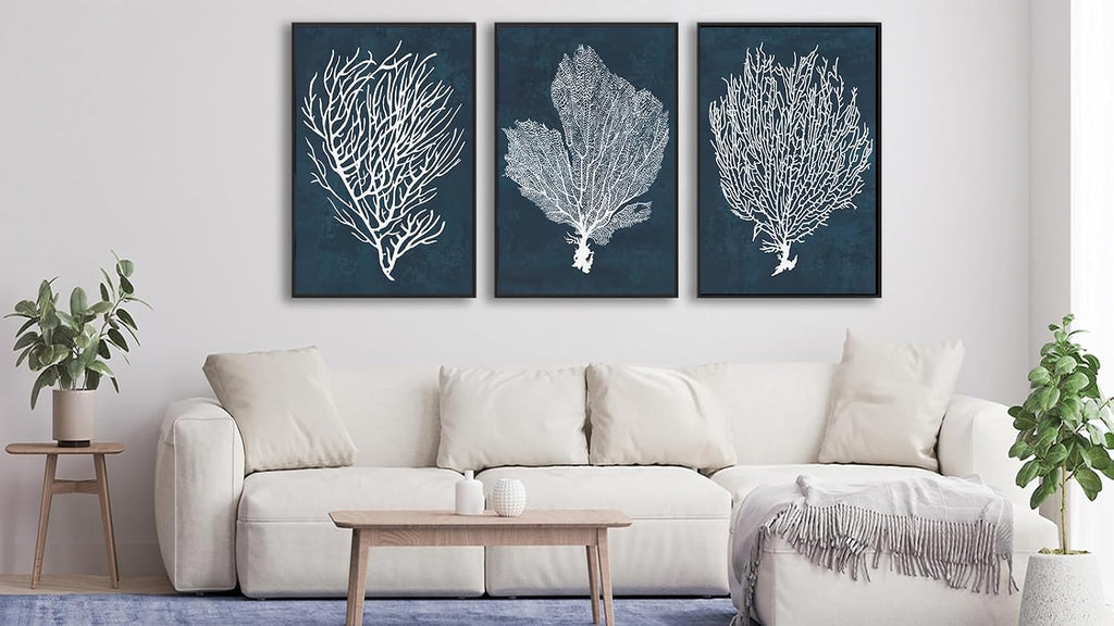 Large Framed Canvas Wall Art, White Coral Decor, 16"x24" Set of 3
