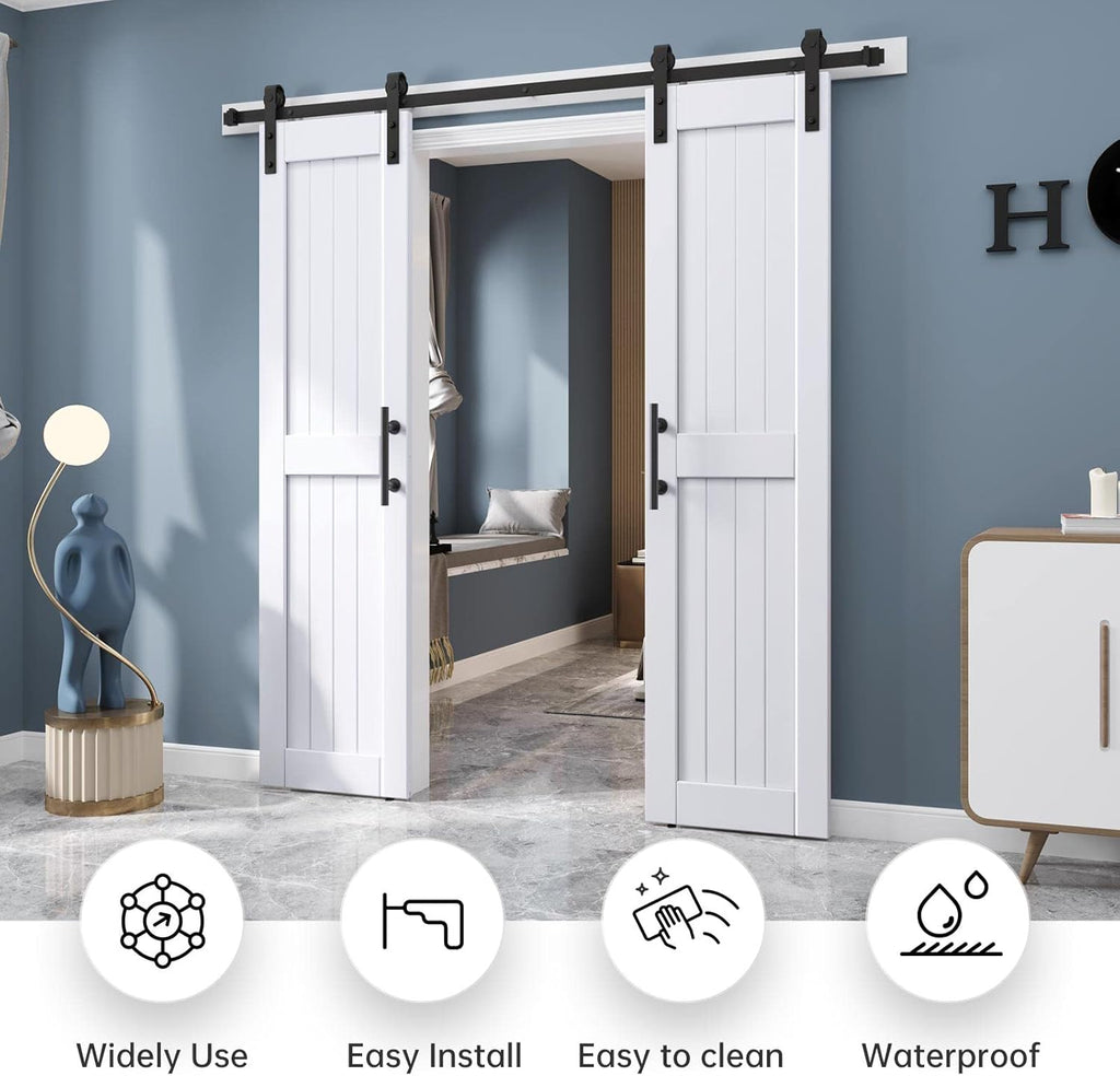 42 x 84 inch (Double 21x84 Door) White Barn Door with 7FT Sliding Door Hardware Kit Included & Handl