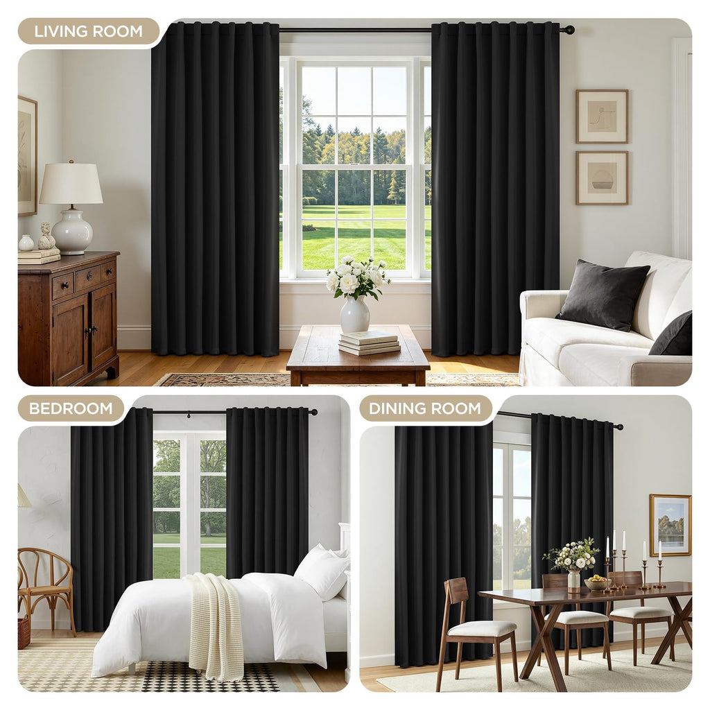 Blackout Curtains, Black out curtains 96 inch long 2 Panels, Long Black Drapes with Rod Pocket Back Tab, Room