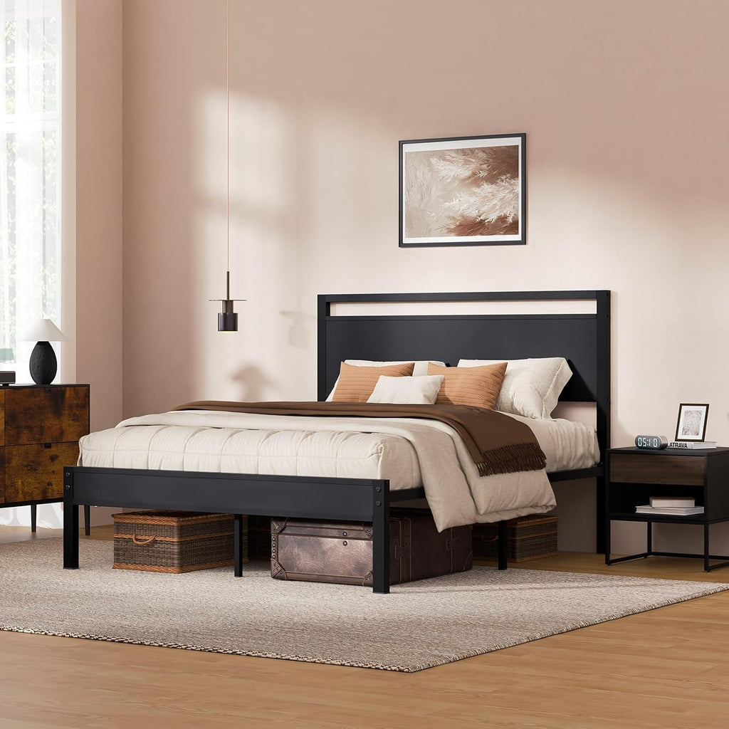 Queen Bed Frame with Modern Wood Headboard & Footboard, Upgraded Heavy Duty Metal Sturdy Bed Frame Queen, Stable