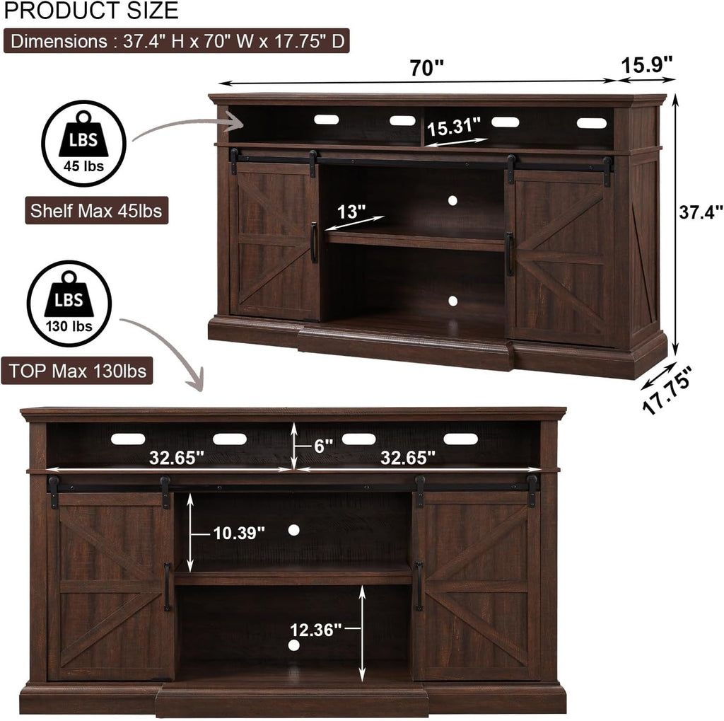 Farmhouse TV Stand for 80 Inch TVs, 37.4"Tall Entertainment Center w/Storage Cabinets and Sliding Barn Door, Media