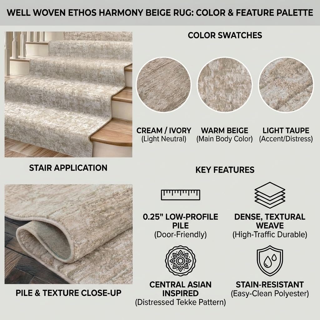 Ethos Harmony Beige Custom Length Hallway & Stair Runner, 31" x 6' - Dense 0.25" Low-Profile Pile, Stain-Resistant