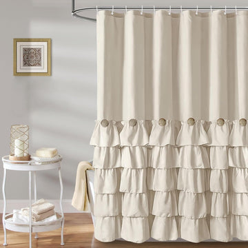 Beige Ruffle Shower Curtain Neutral Shower Curtain 72 x 72 | Natural button accents, layered fabric tiers, shabby
