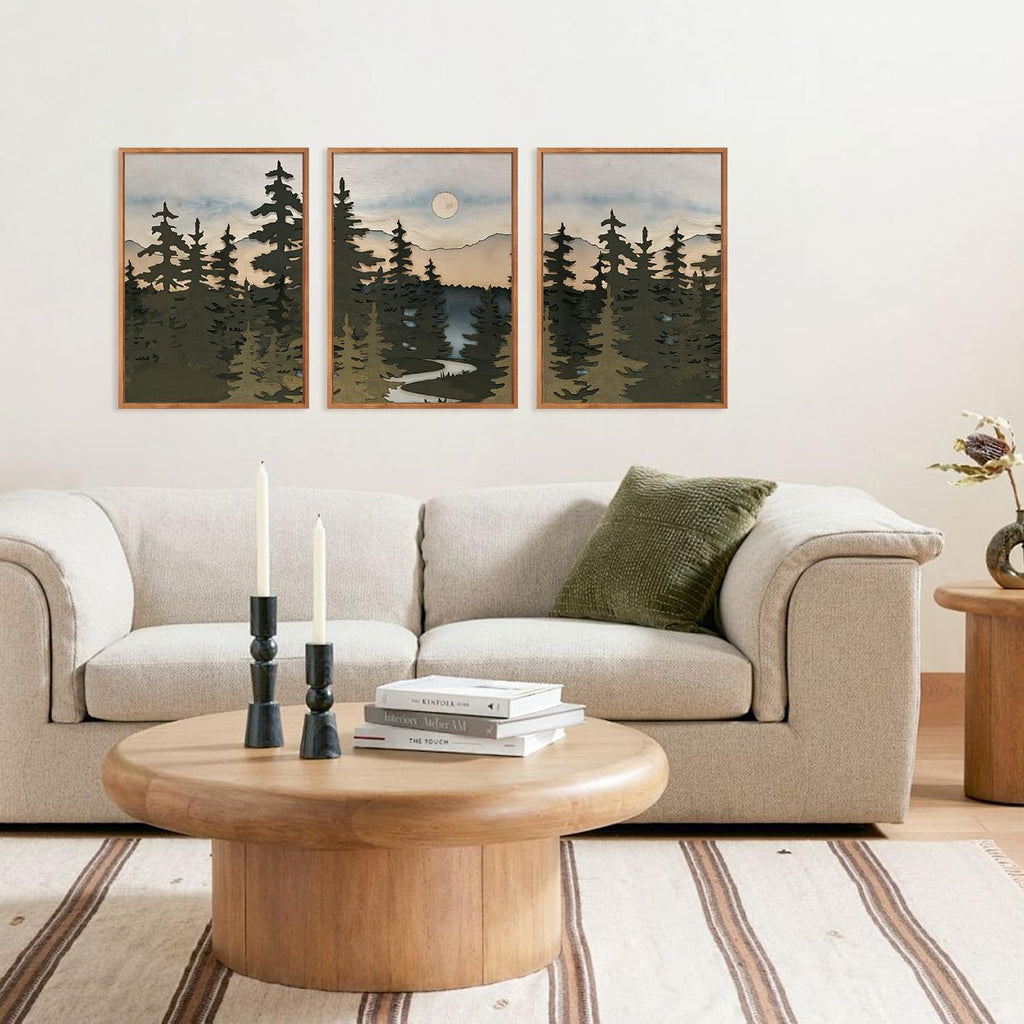 Vintage Mountain Framed Canvas Wall Art Set, Boho Sunrise Art Prints, Forest Nature Wilderness Art Paintings