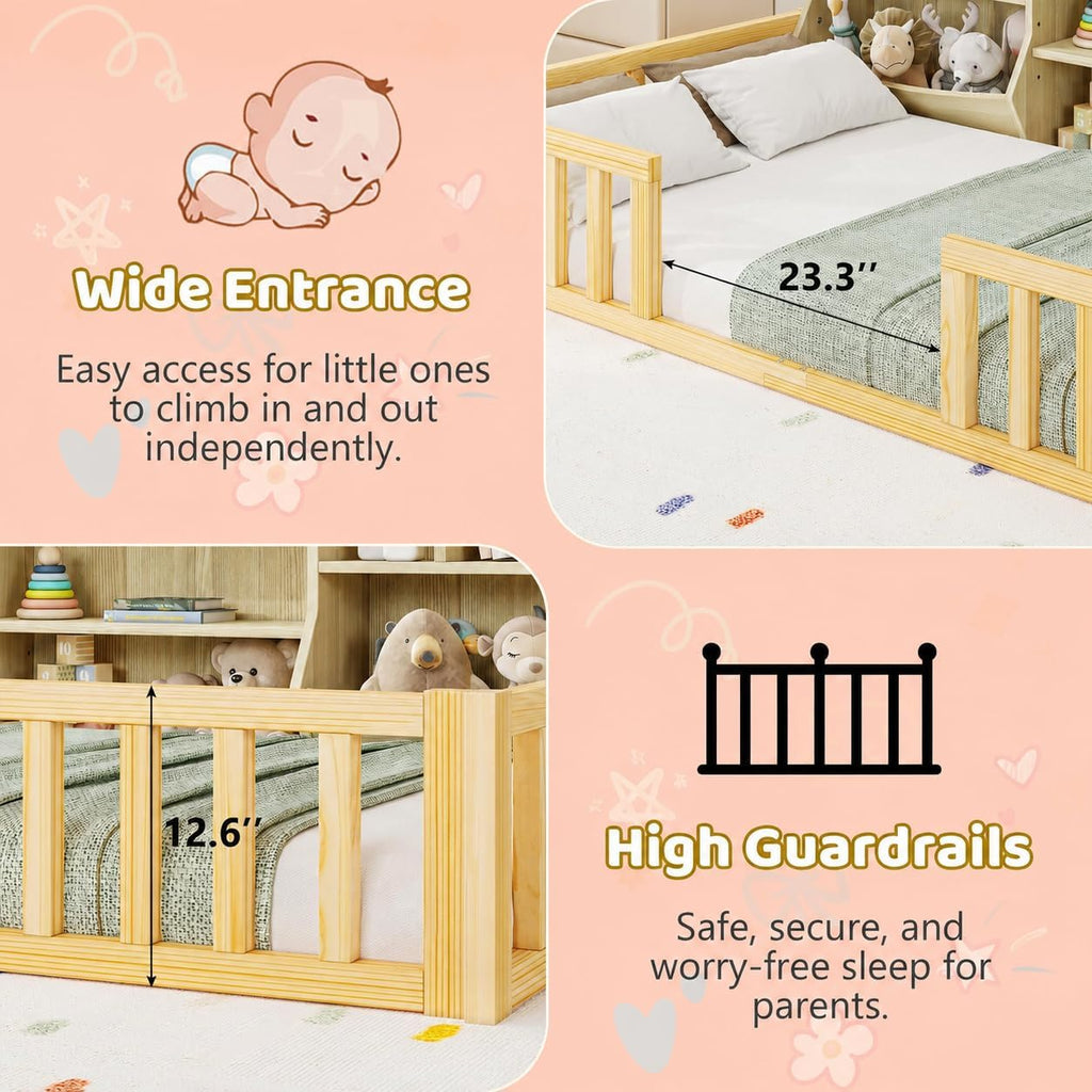 Full Size Floor Bed with High Solid Guardrail & 4-Tier Storage Cabinet, Premium Wood Bed Frame for Kids, Boys and
