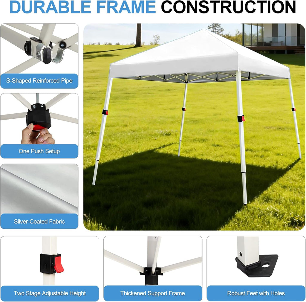 10x10 Slant Legs Pop Up Canopy Tent, 1-Button Push Setup Canopy Tent, Adjustable Height Instant Portable Shelter - Pure