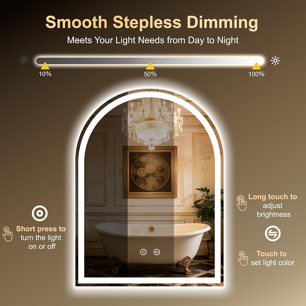 Arched LED Bathroom Mirror with Lights, 24"×32" Lighted Vanity Mirror for Bathroom, Smart Anti-Fog