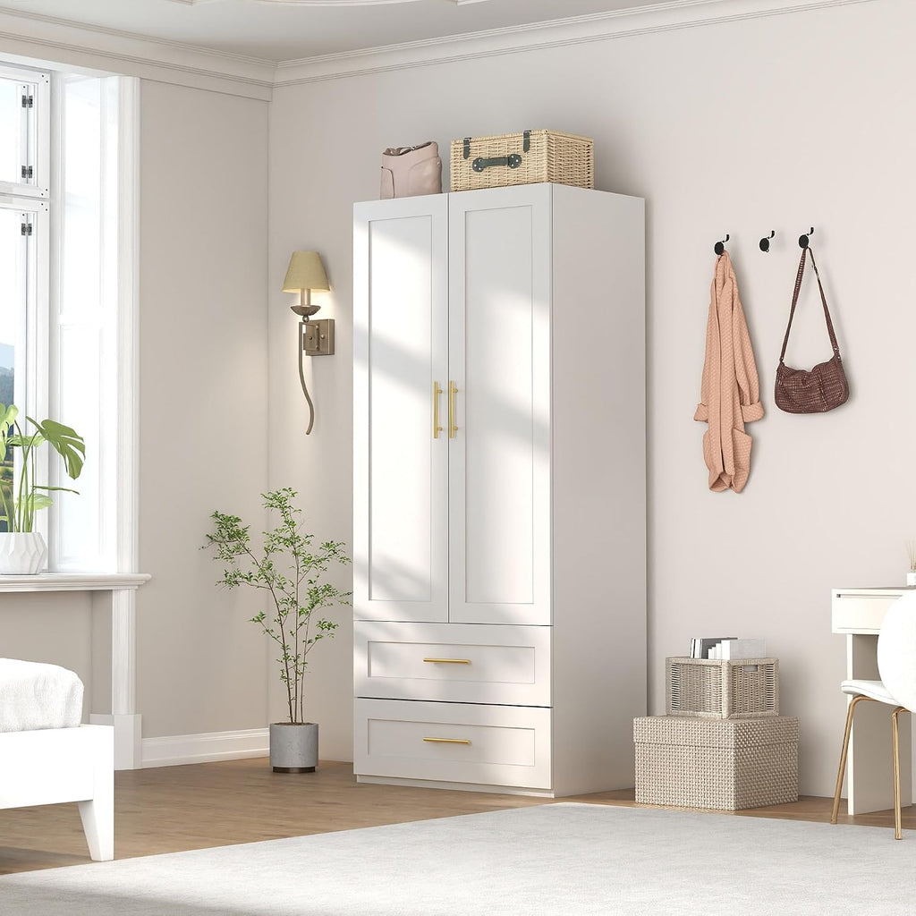 White Wardrobe with 2 Doors: 75" Tall Armoire Wardrobe Closet with 2 Drawers, Bedroom Closet Cabinet for Hanging