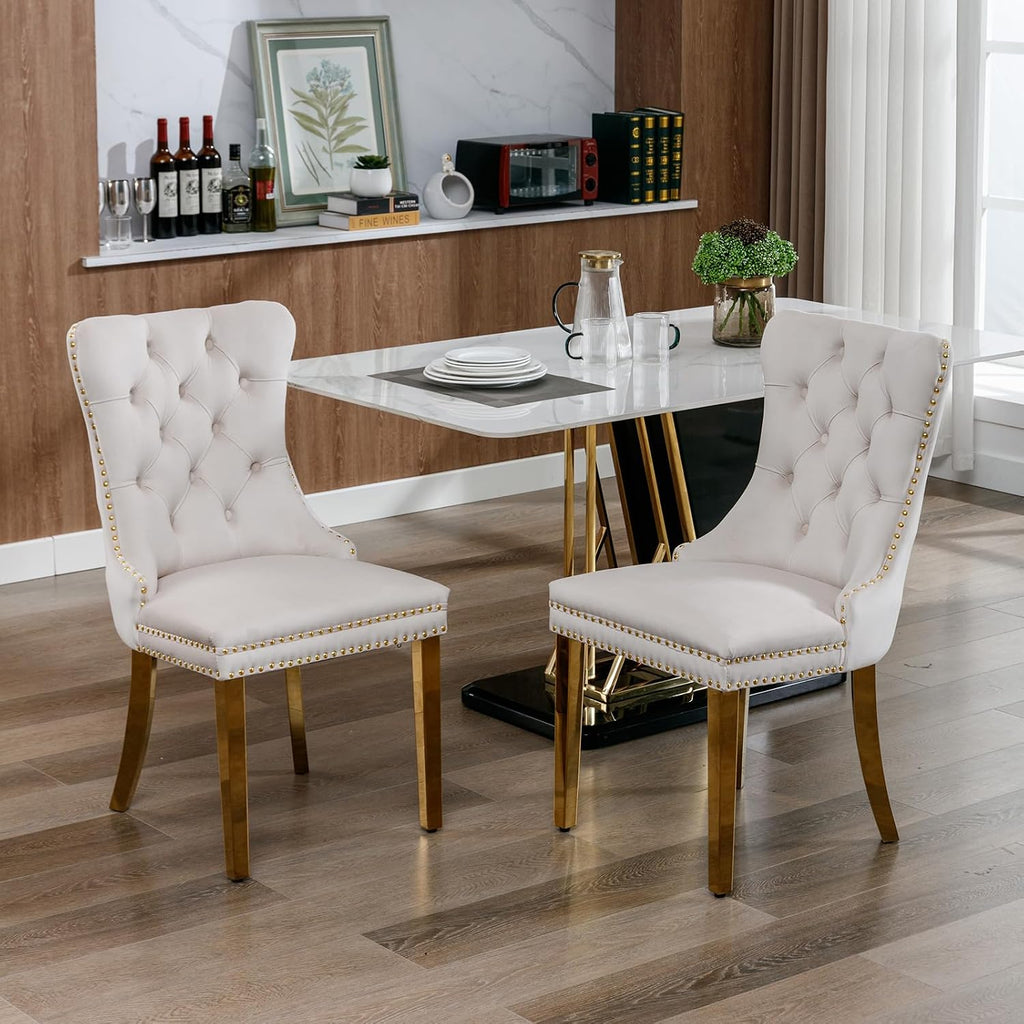 Mid Century Modern Dining Chairs Set of 4, Beige Velvet Upholstered Tufted Back, Kitchen & Dining Room Chairs, Gold