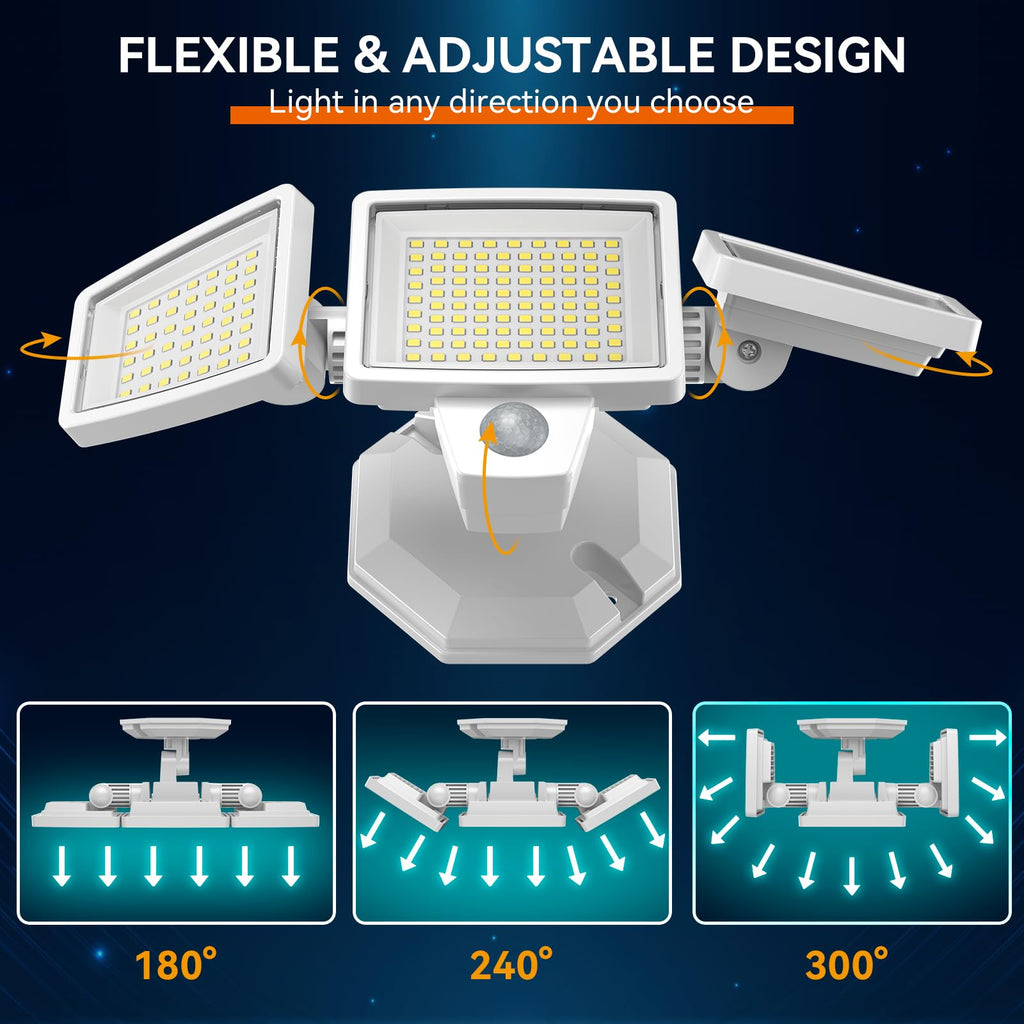 LED Security Lights Motion Sensor Outdoor Lights, 6500K Daylight, IP65 Waterproof, Dusk to Dawn, 3-Head Motion