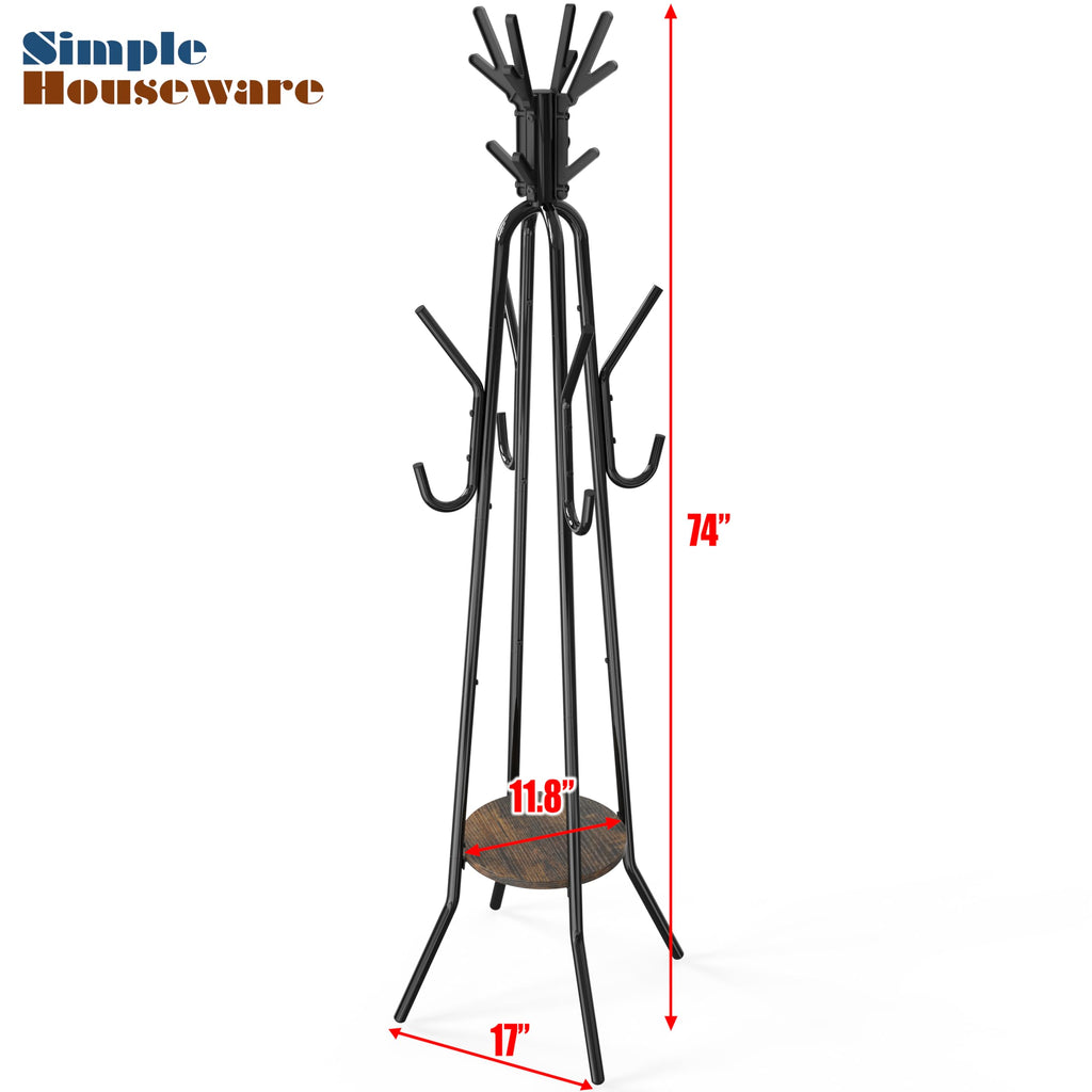 Standing Coat/Hat Rack with Shelf, 20 Hooks, Rustic Brown